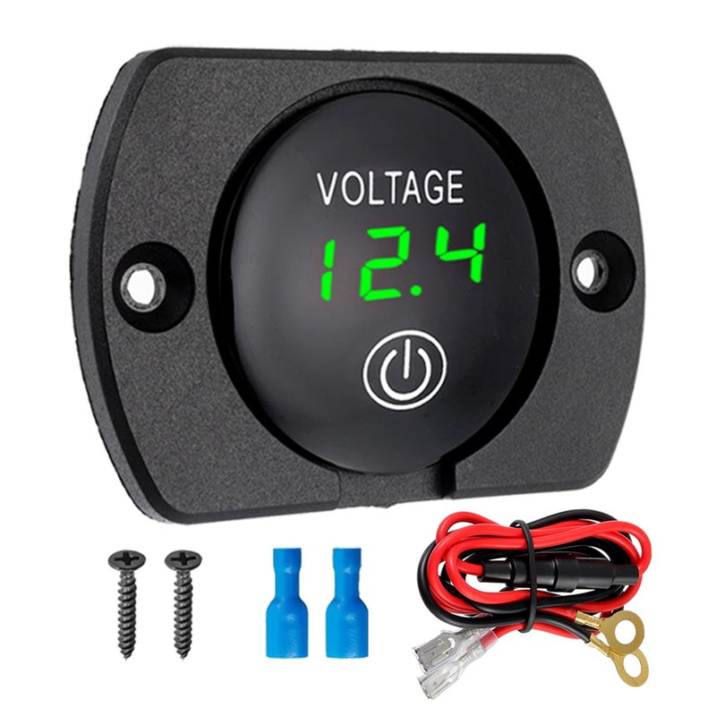 JAMHER DC 12V 24V Volt Meter Battery Voltage Gauge Digital Display with Touch Switch Come with Mounting Plate Round,Connecting Cables and terminals for Boat Marine Motorcycle ATV(Green Light) - Image 1